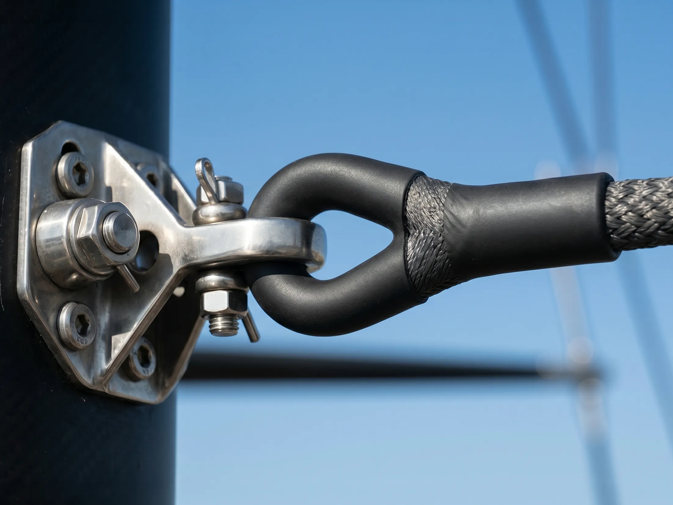 DM20 Dyneema standing rigging splice with protective tech coating and stainless steel mast tang.