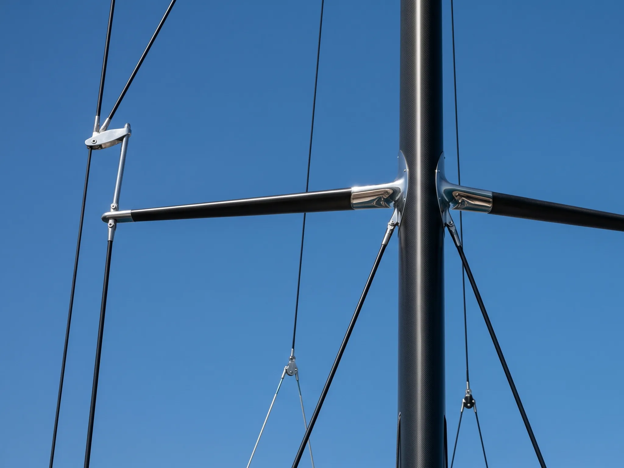 Synthetic standing rigging and carbon fibre mast with Dyneema DM20 shrouds.