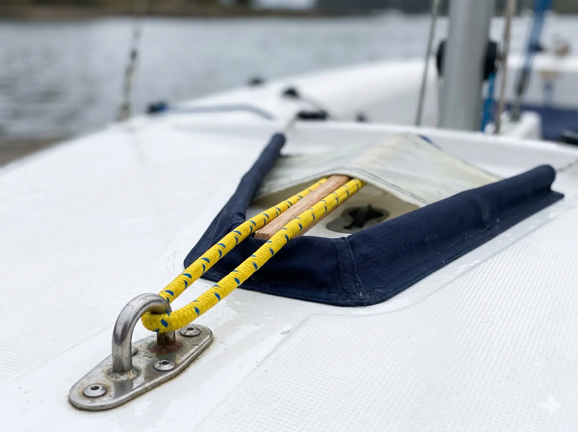 Yellow shock cord securing a dinghy batten pocket to a stainless deck fitting on a white fibreglass sailing dinghy