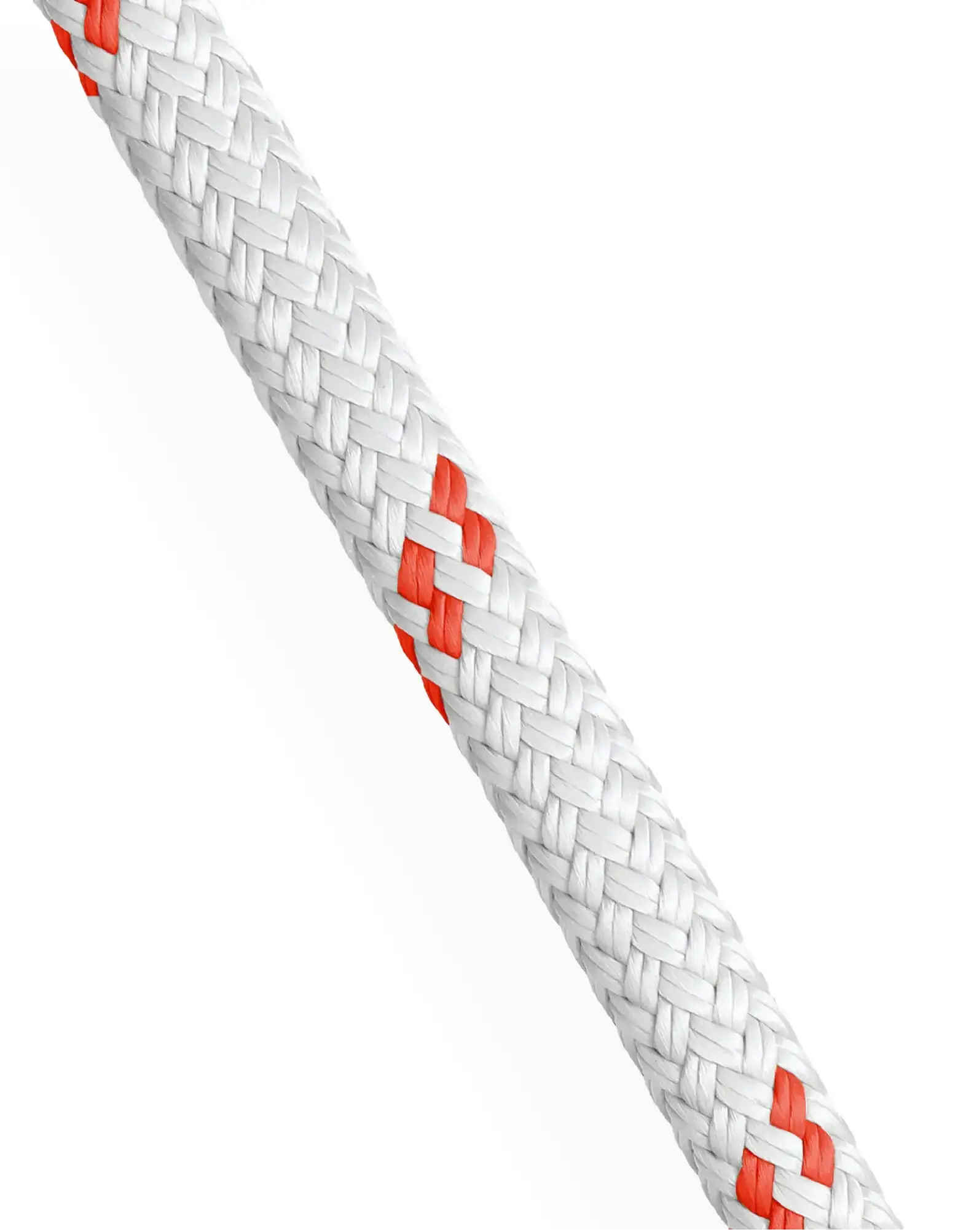 Vertical view of white braid-on-braid polyester rope with red tracers; high-tenacity line for yacht rigging