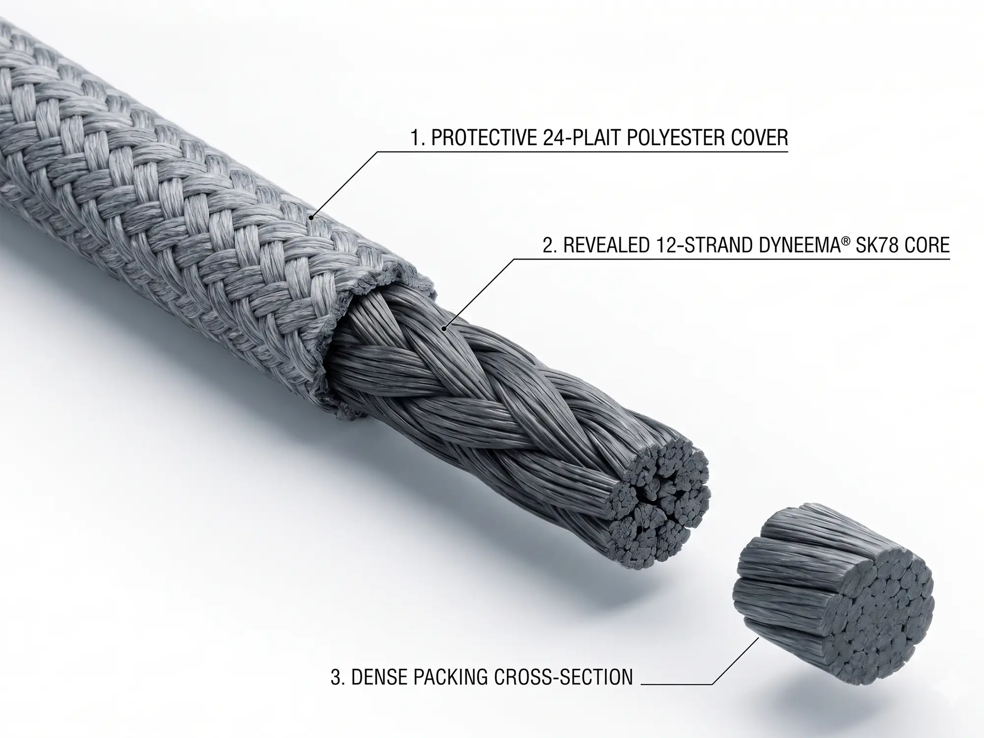 Cutaway diagram of Steelsafe Ultra showing 24-plait polyester cover, 12-strand Dyneema® SK78 core and dense packing cross-section