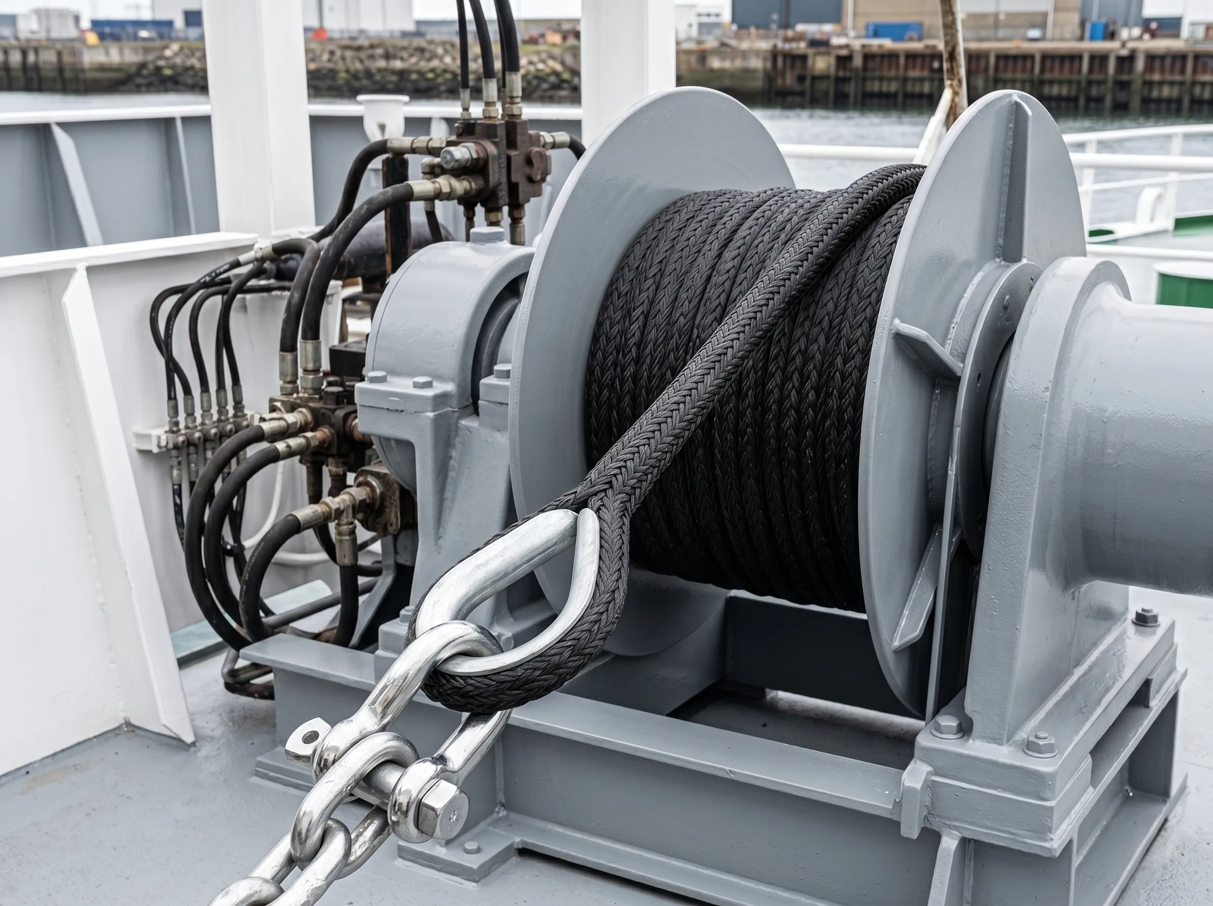 Large diameter SK78 Dyneema® synthetic winch rope spooled on hydraulic deck winch aboard commercial vessel