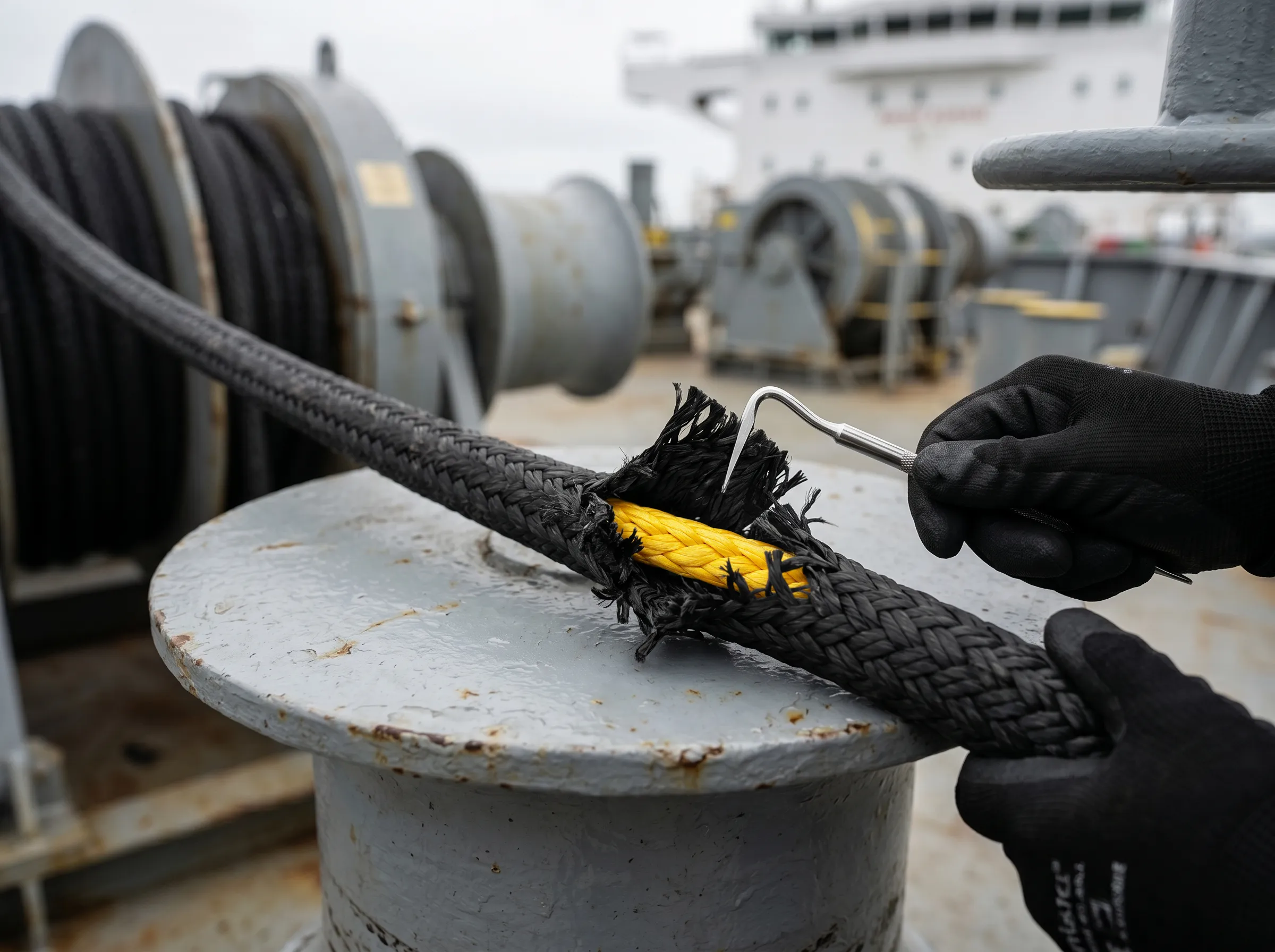 Technician inspecting SK78 Dyneema® core through parted polyester jacket on commercial marine winch rope