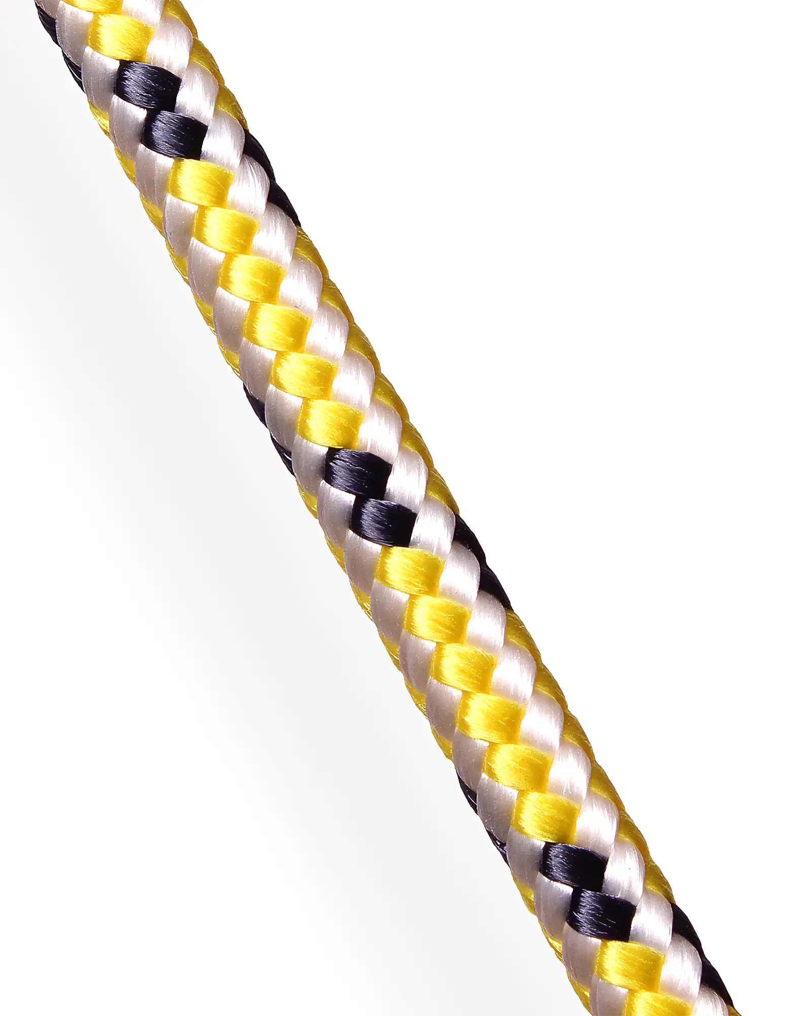 Macro photograph of Sprintline yellow 16-plait polyester dinghy rope with contrasting black tracers