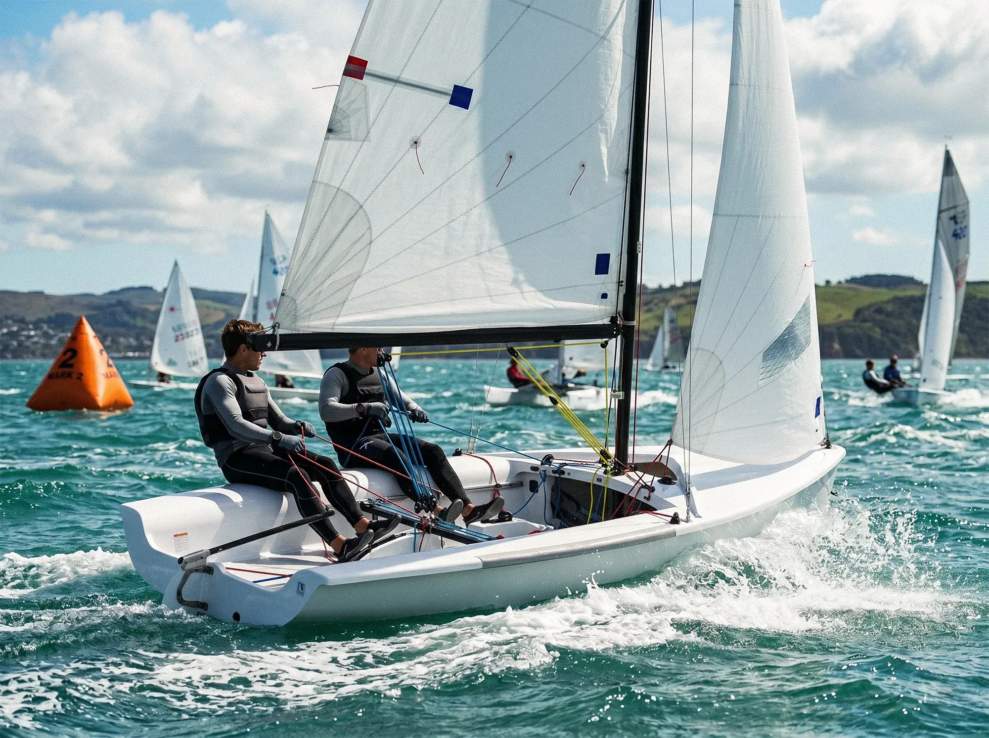 Two sailors racing a double-handed dinghy in a fleet with colour-coded Dyneema SK78 halyards and control lines visible in the cockpit