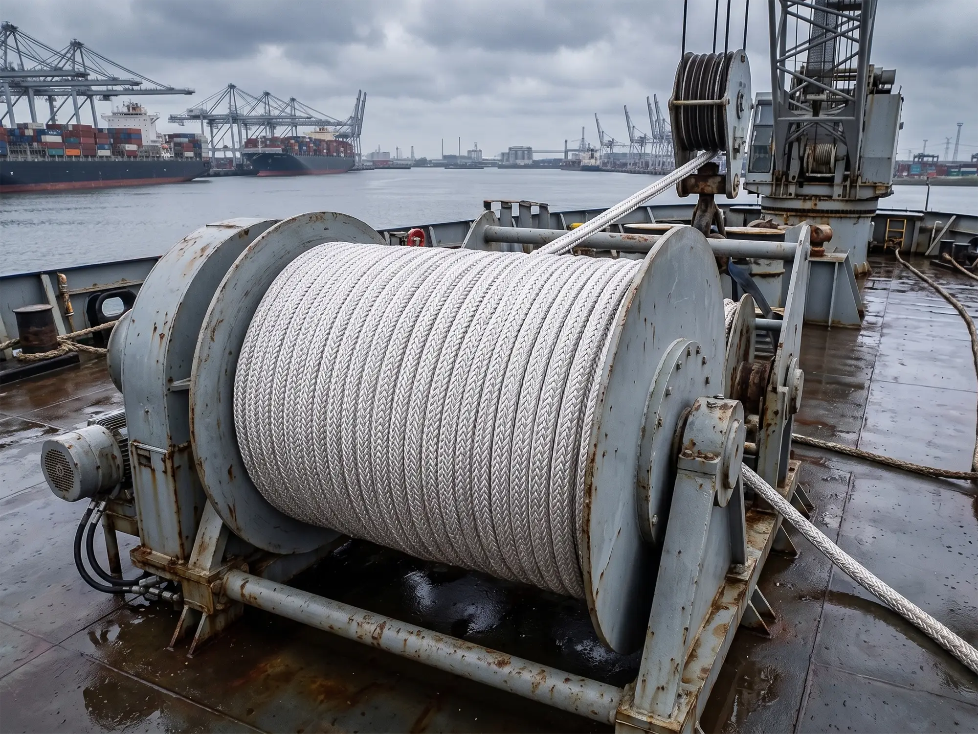 SK78 Dyneema® Steelsafe Ultra rope spooled on large industrial winch drum on an offshore workboat deck in commercial port