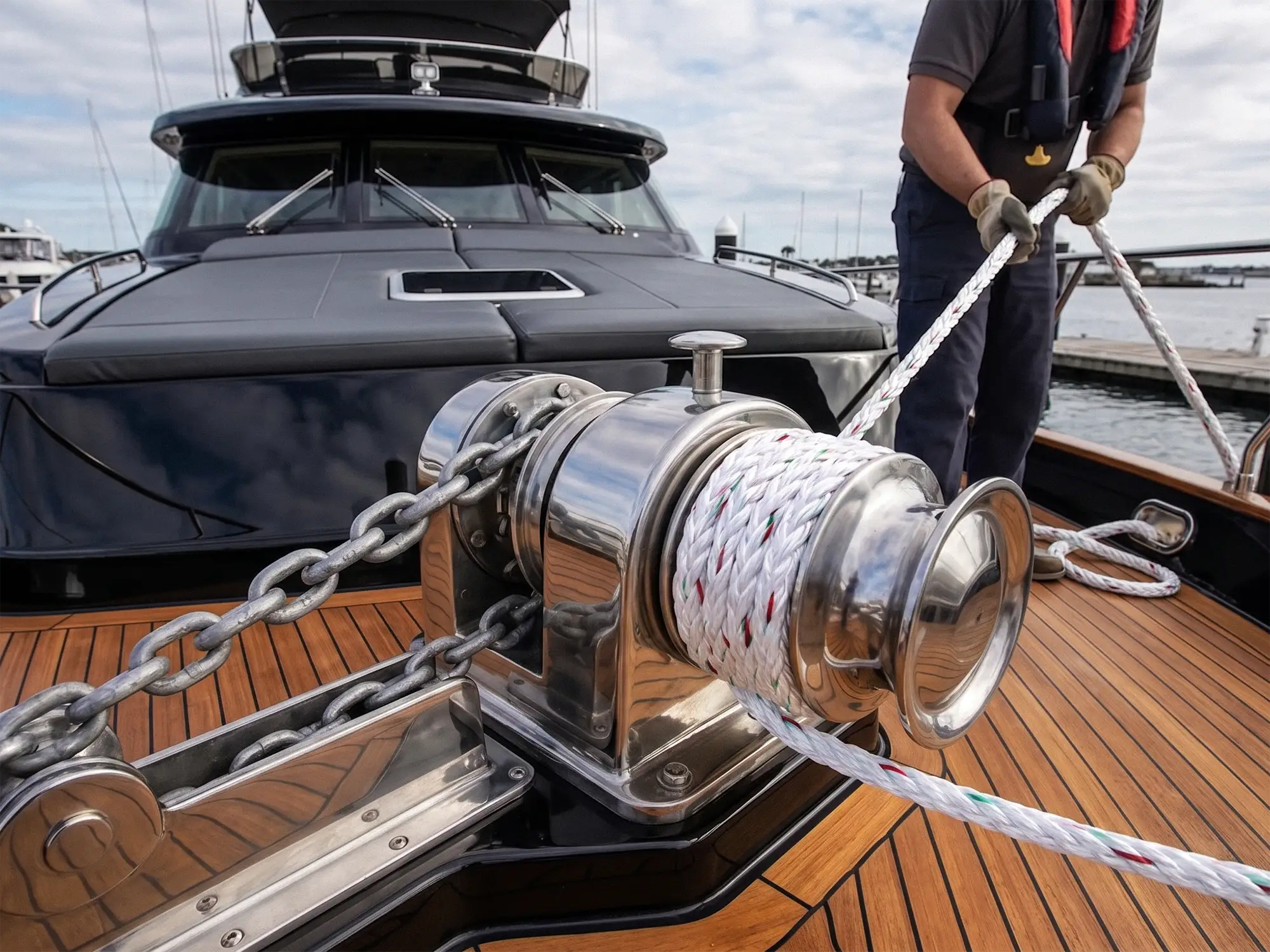 White 8-strand Anchorbraid on stainless electric windlass with anchor chain on teak yacht foredeck