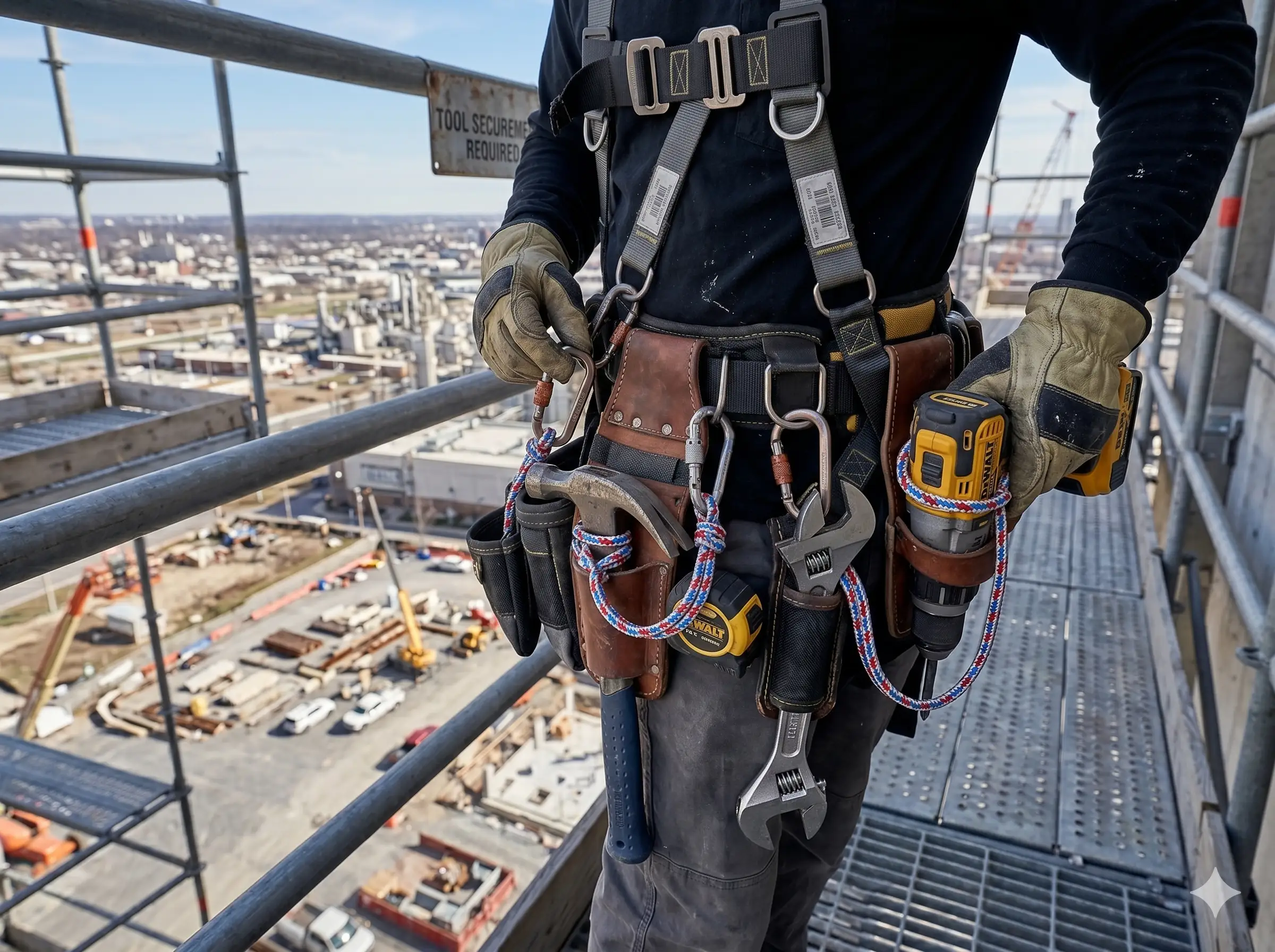 Height safety technician using Tutus polyester accessory cord for securing hand tools to a work harness.