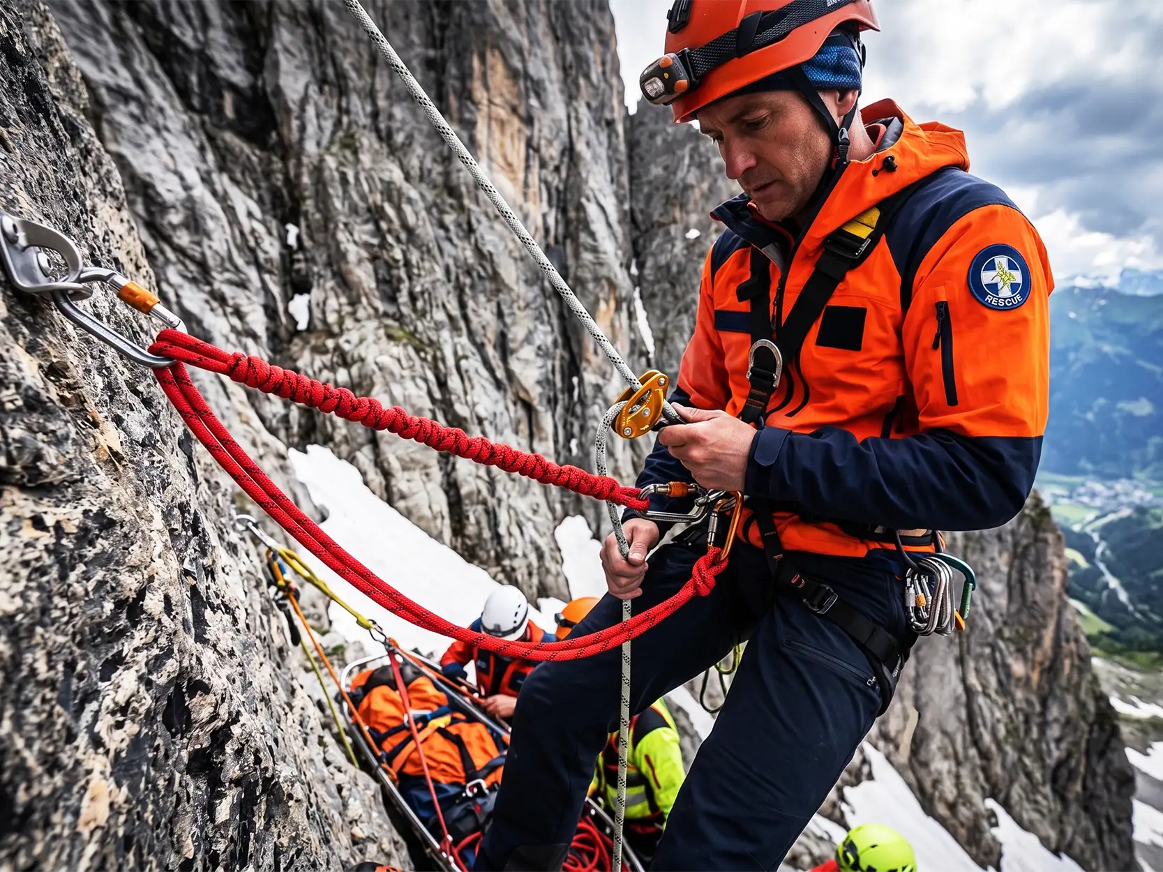 Mountain rescue technician rigging dynamic rope system on alpine rock face, EN892 dynamic rope in red visible at anchor point