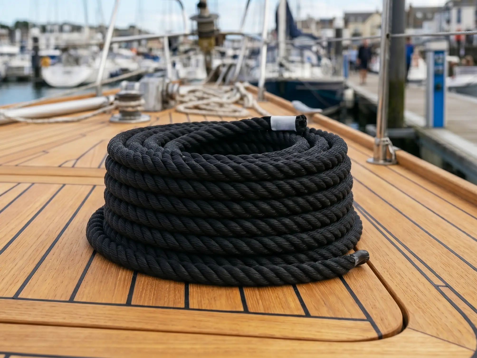Coiled black 3-strand nylon mooring rope on teak yacht deck with marina berths in background