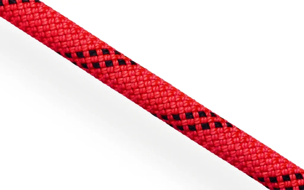 Tutus Dynamic EN892 nylon kernmantle dynamic rope, red and black 20-plait cover on white background