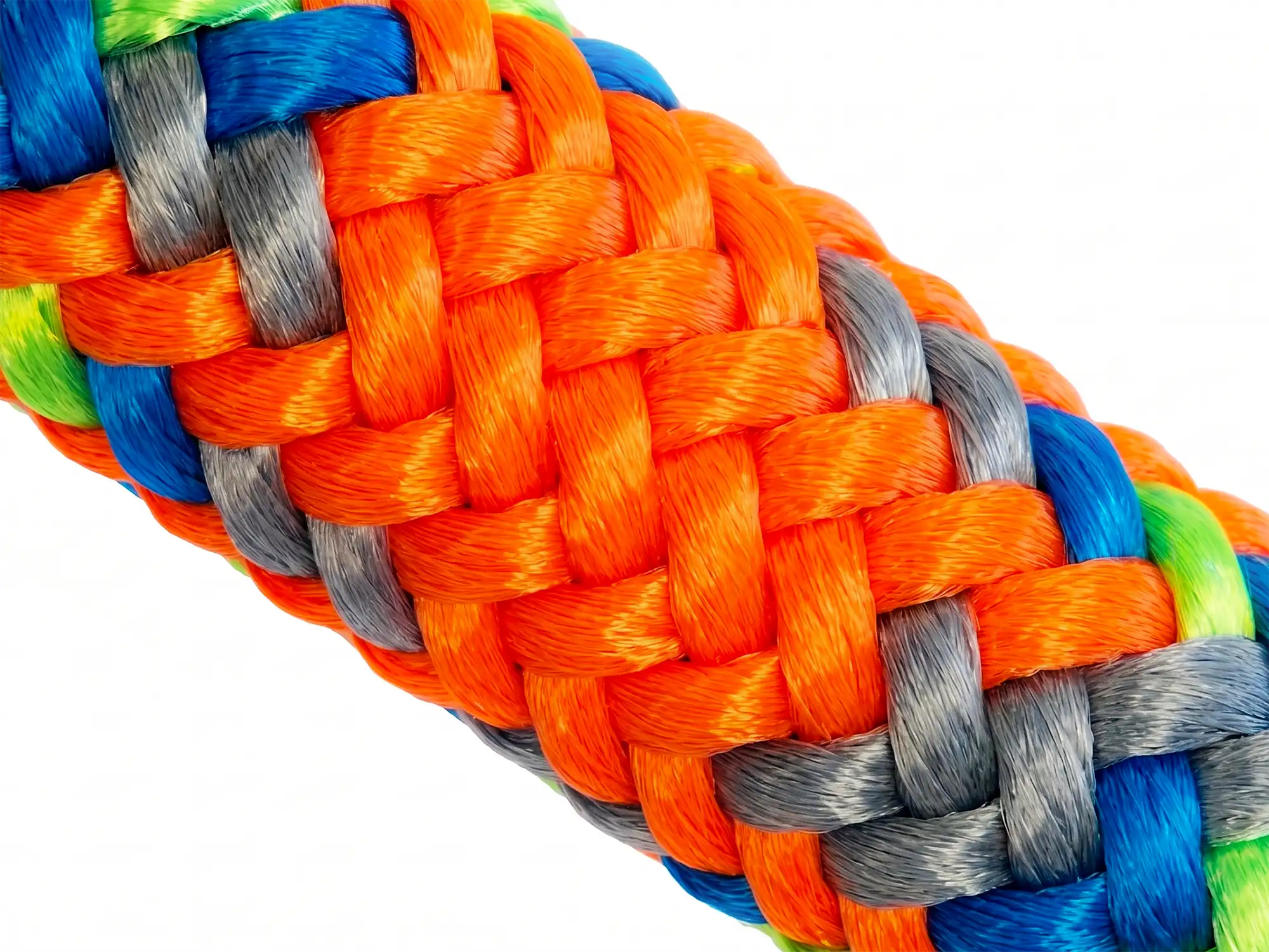 Close up of Silva-Tex 24-strand arborist rope showing the vibrant orange, blue, and grey polyester technical braid