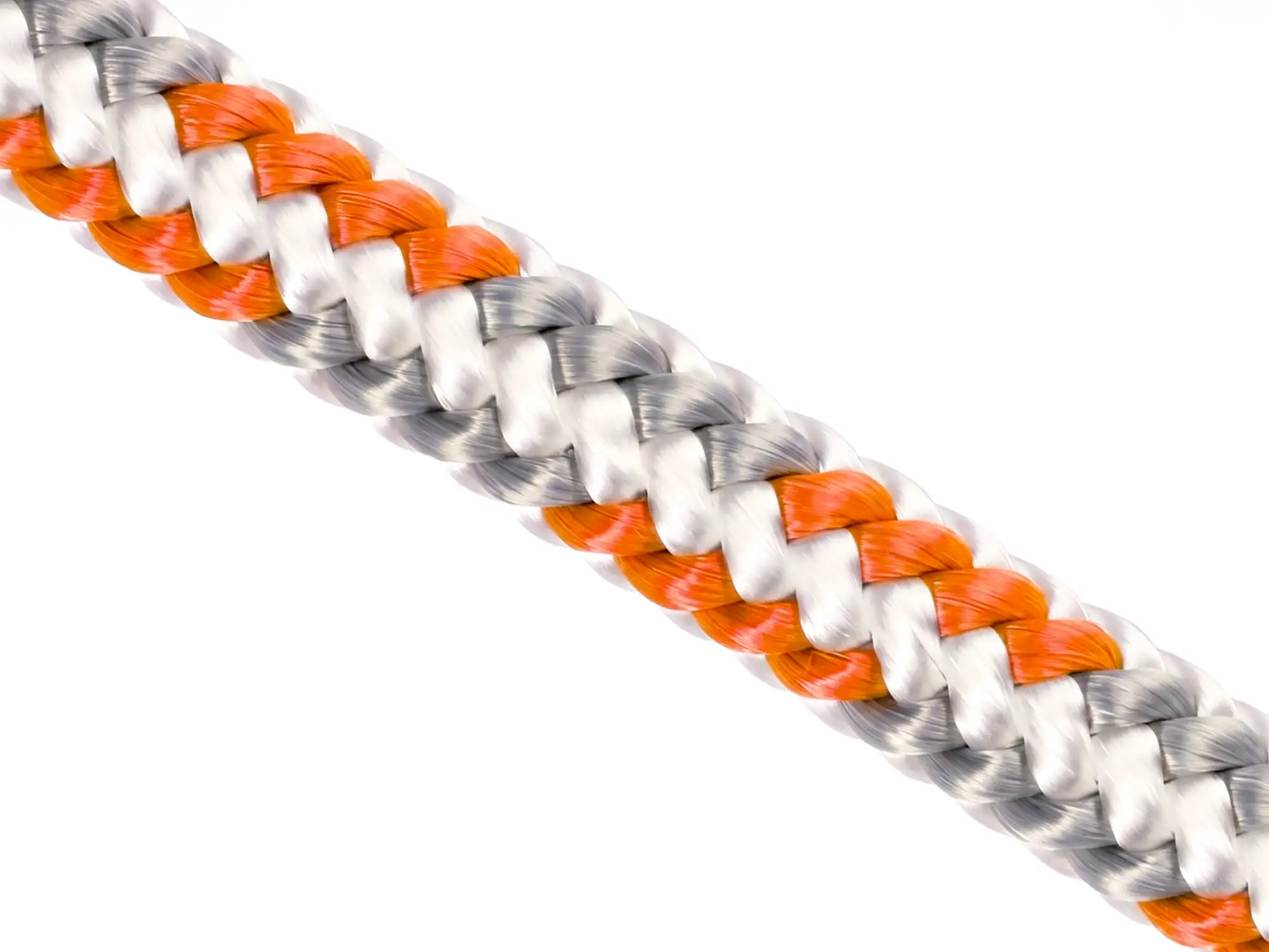 Close up of Silva-Tex 16-strand arborist rope showing the orange, white, and grey polyester braid.