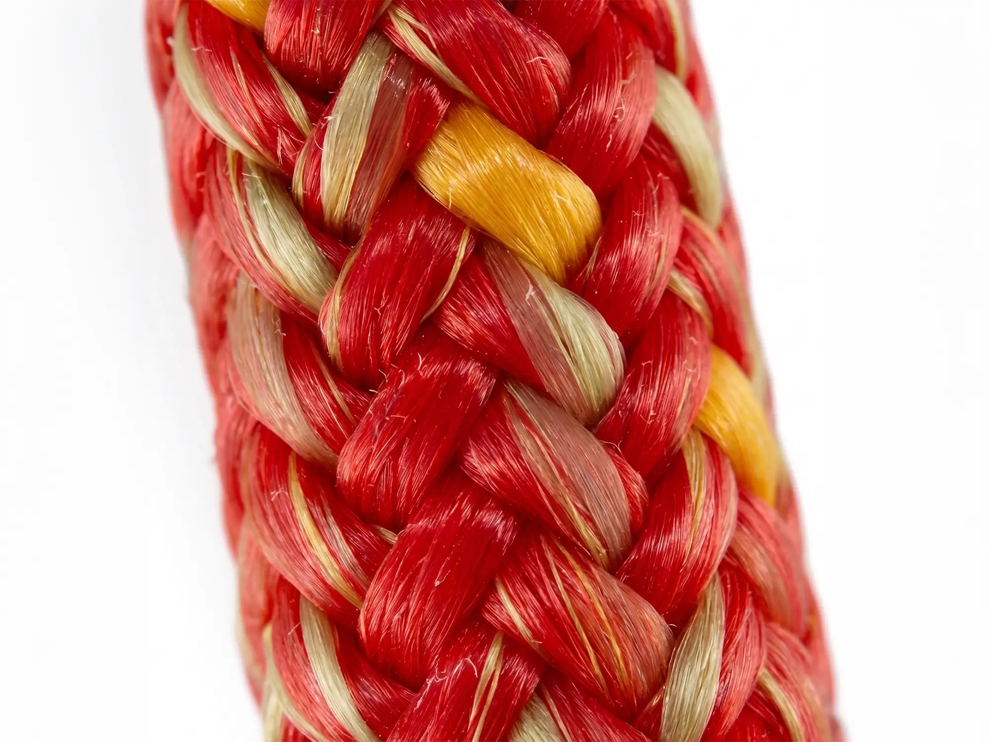 Macro view of 32-plait red and yellow aramid cover on Tutus Firex heat resistant static line.