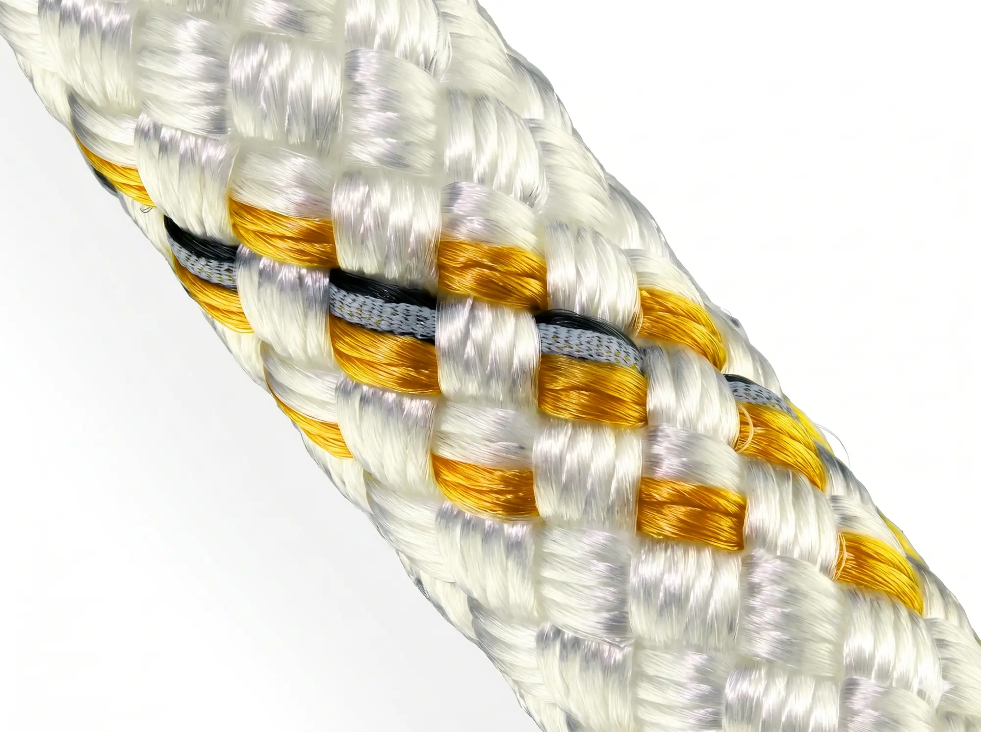 Close up of Tutus Hi Viz EN 1891 rope showing the orange nylon braid and integrated reflective tracer strand.