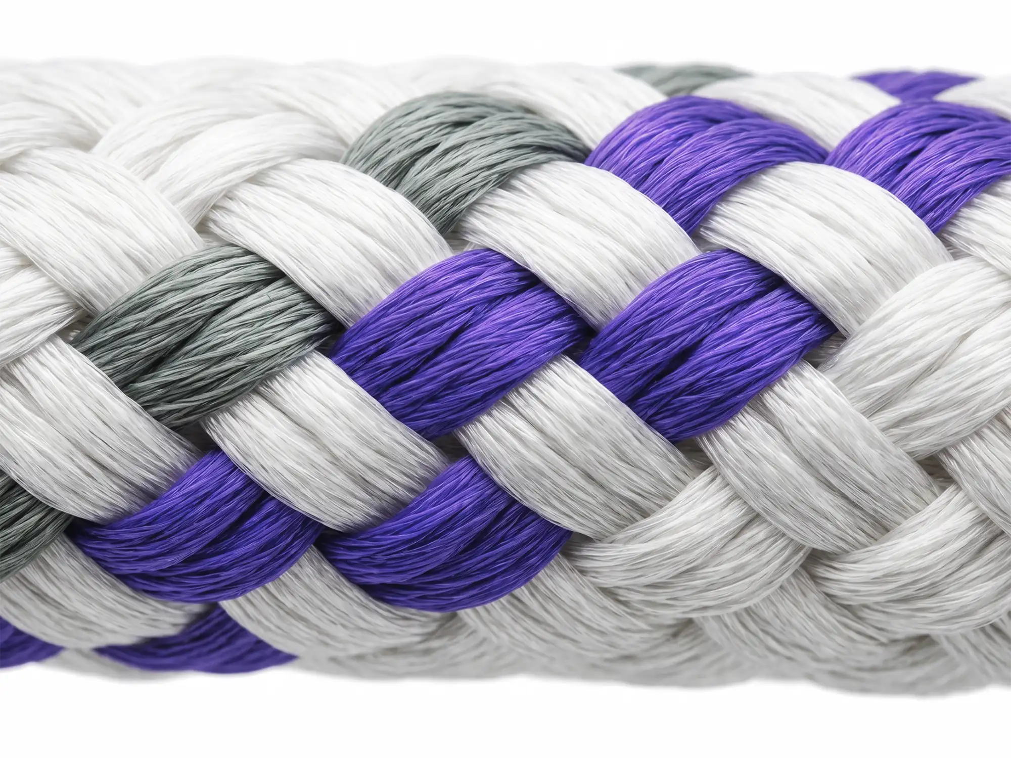 Macro view of Euro Rig 16-strand polyester rigging rope showing white, purple, and grey technical braiding.